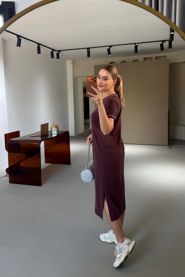 Premium Series Piping Detail Slit Modal Dress - Plum