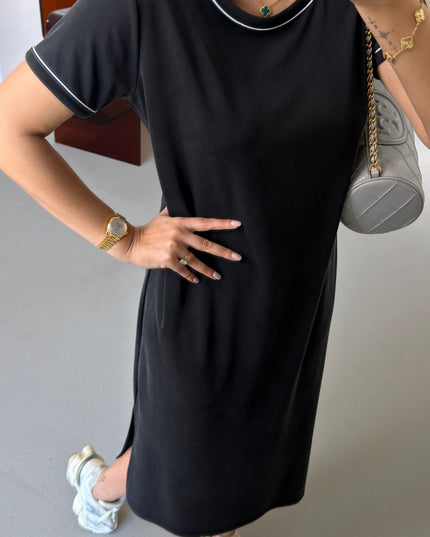 Premium Series Piping Detail Slit Modal Dress - Black
