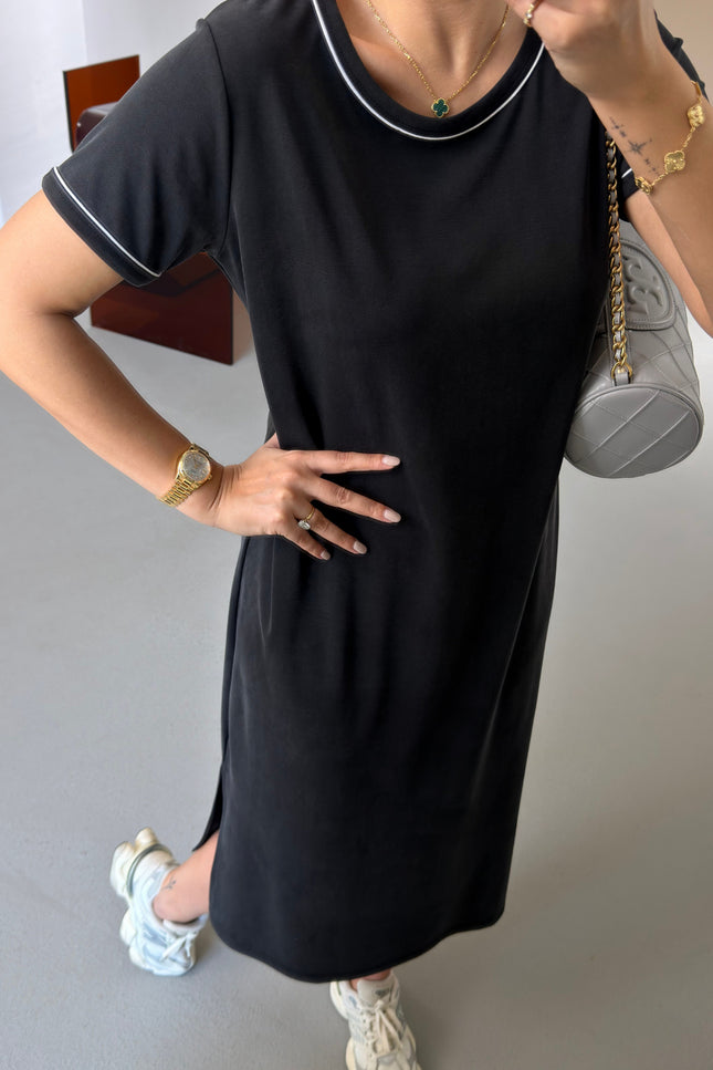 Premium Series Piping Detail Slit Modal Dress - Black