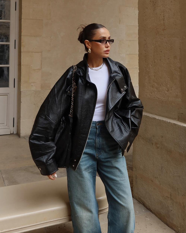 Chic Black Faux Leather Jacket - Stand-Up Collar, Snap Details, Women's Biker