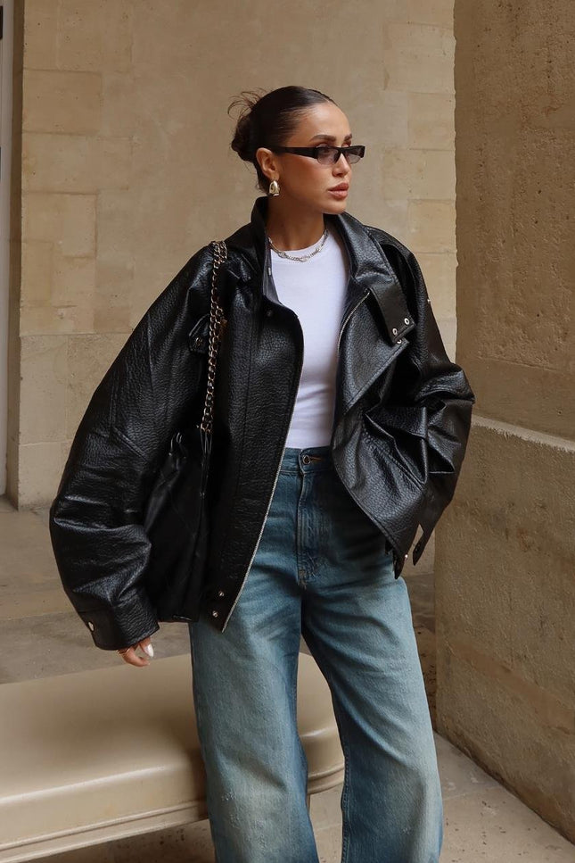 Chic Black Faux Leather Jacket - Stand-Up Collar, Snap Details, Women's Biker
