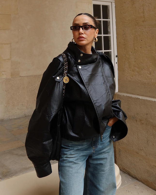 Chic Black Faux Leather Jacket - Stand-Up Collar, Snap Details, Women's Biker