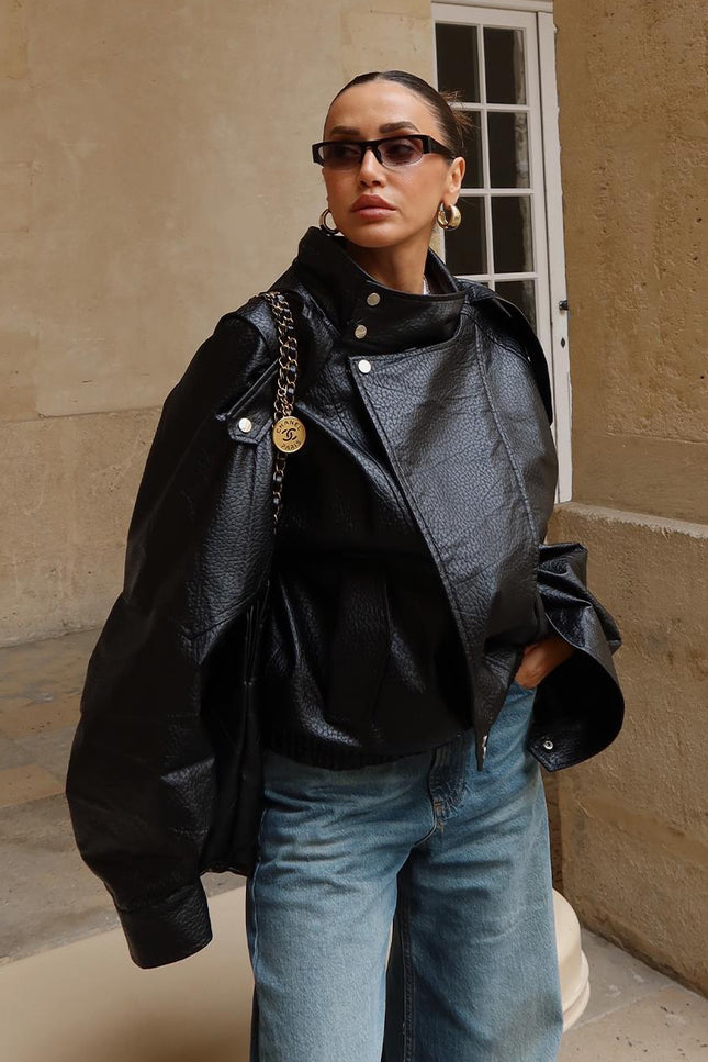 Chic Black Faux Leather Jacket - Stand-Up Collar, Snap Details, Women's Biker