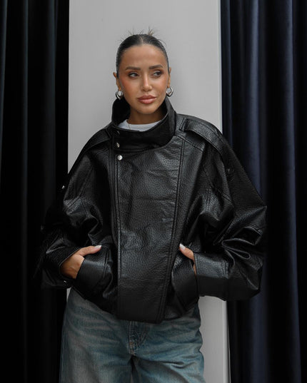 Chic Black Faux Leather Jacket - Stand-Up Collar, Snap Details, Women's Biker