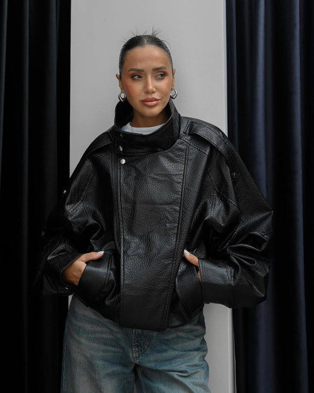 Chic Black Faux Leather Jacket - Stand-Up Collar, Snap Details, Women's Biker