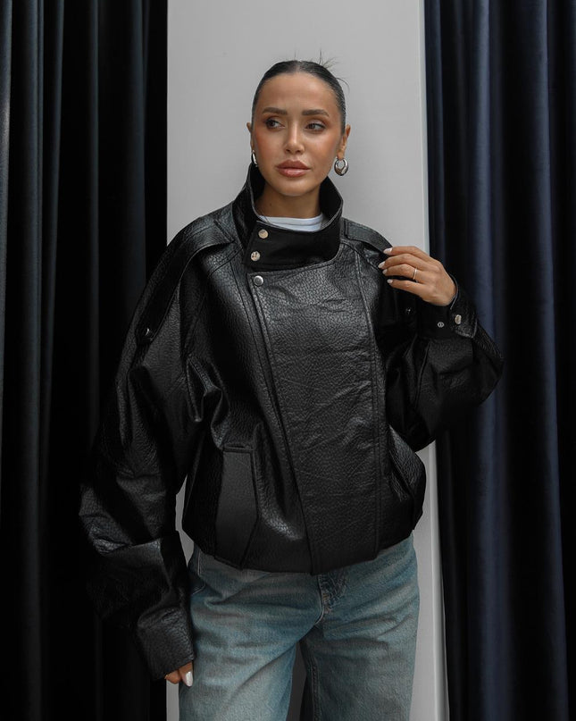 Chic Black Faux Leather Jacket - Stand-Up Collar, Snap Details, Women's Biker