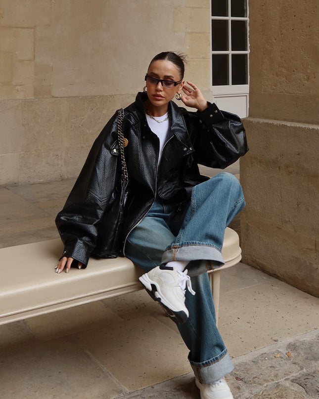 Chic Black Faux Leather Jacket - Stand-Up Collar, Snap Details, Women's Biker