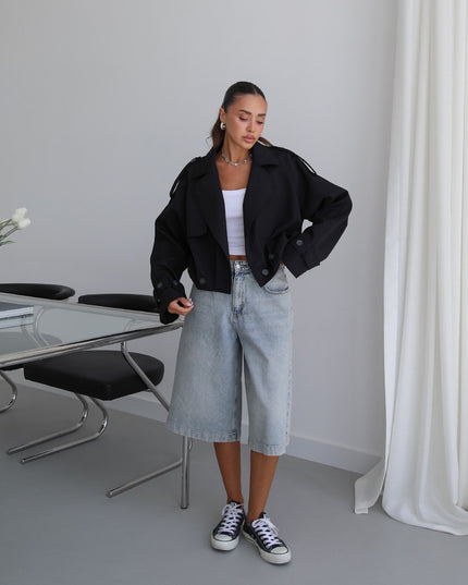 Button Pleated Short Trench Coat - Black