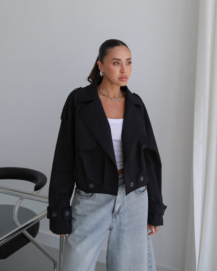 Button Pleated Short Trench Coat - Black