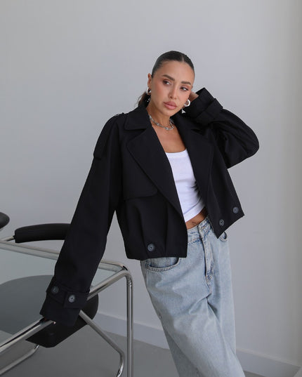 Button Pleated Short Trench Coat - Black