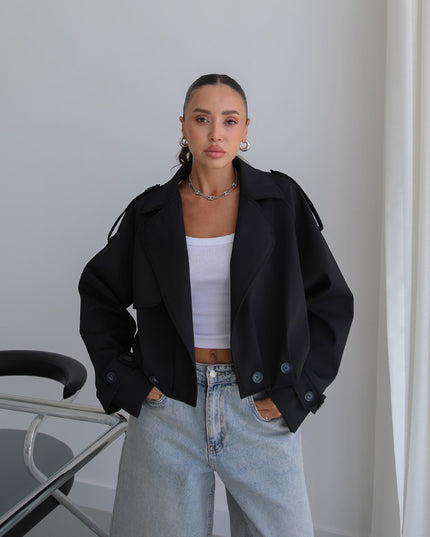 Button Pleated Short Trench Coat - Black