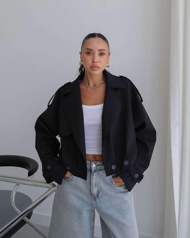 Button Pleated Short Trench Coat - Black