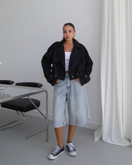 Button Pleated Short Trench Coat - Black