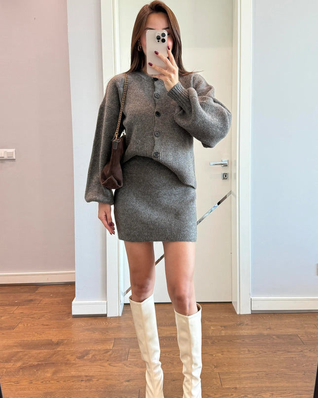 Buttoned Knitted Skirt Set - Brown