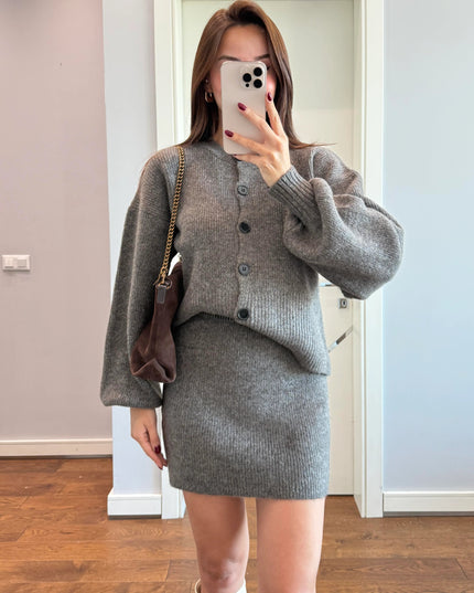 Buttoned Knitted Skirt Set - Brown