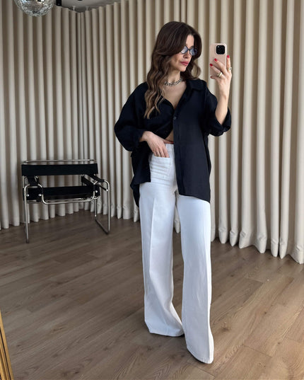 Siyah Oversize Modal Kumaş Gömlek