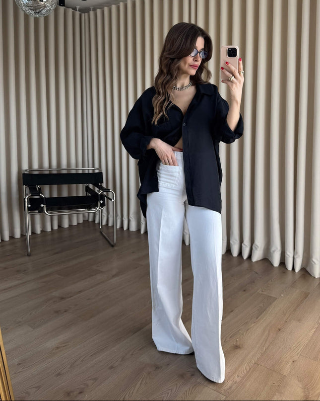 Siyah Oversize Modal Kumaş Gömlek