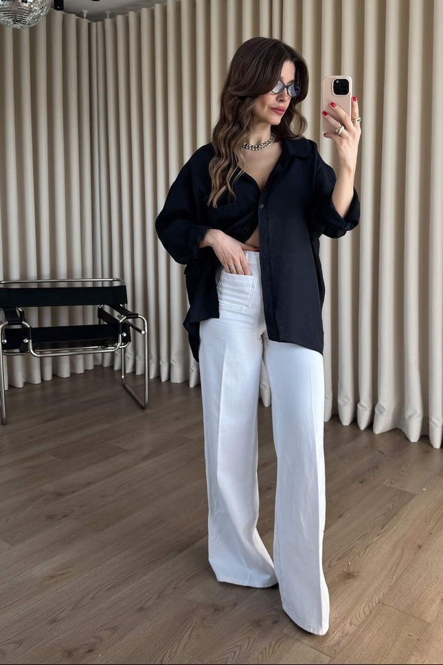 Siyah Oversize Modal Kumaş Gömlek
