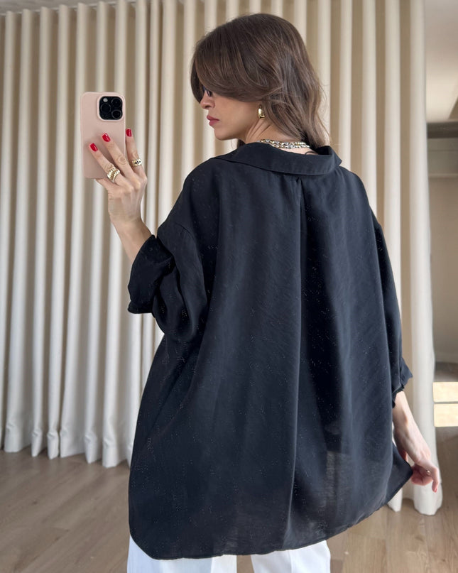 Siyah Oversize Modal Kumaş Gömlek