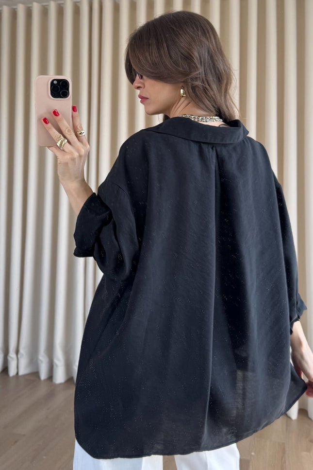 Siyah Oversize Modal Kumaş Gömlek