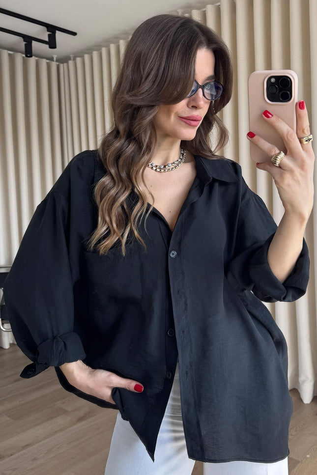 Siyah Oversize Modal Kumaş Gömlek