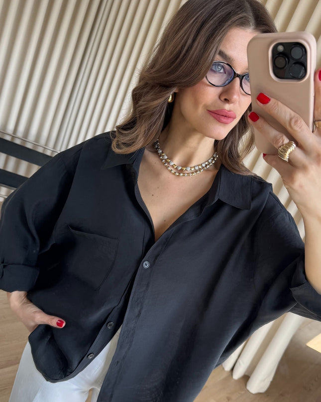 Siyah Oversize Modal Kumaş Gömlek