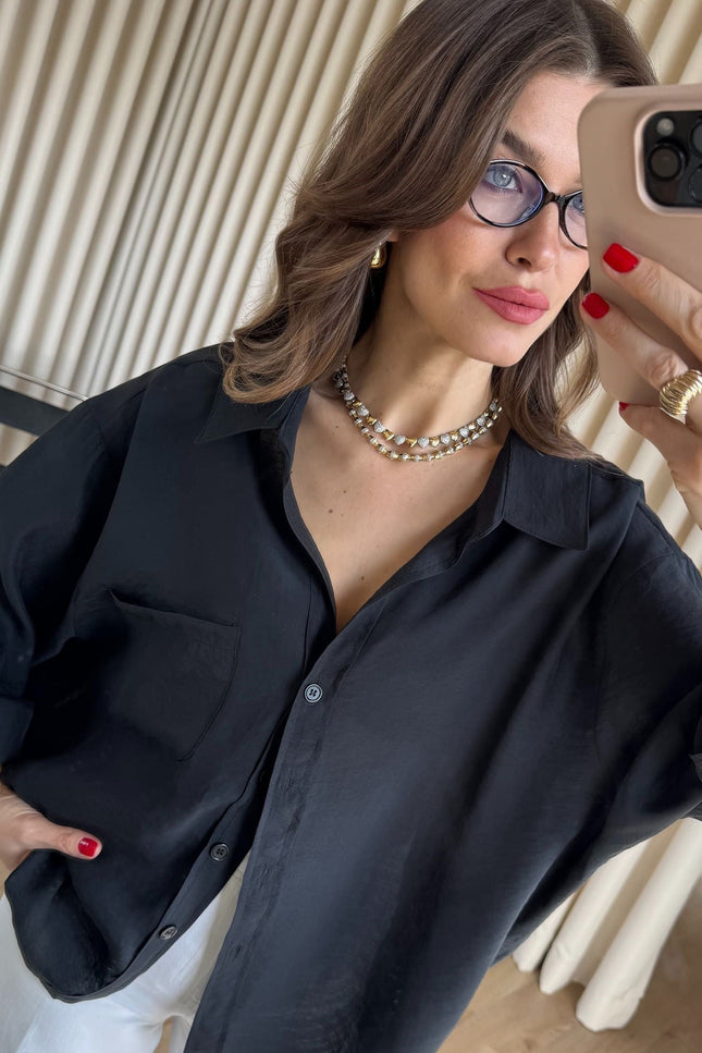 Siyah Oversize Modal Kumaş Gömlek