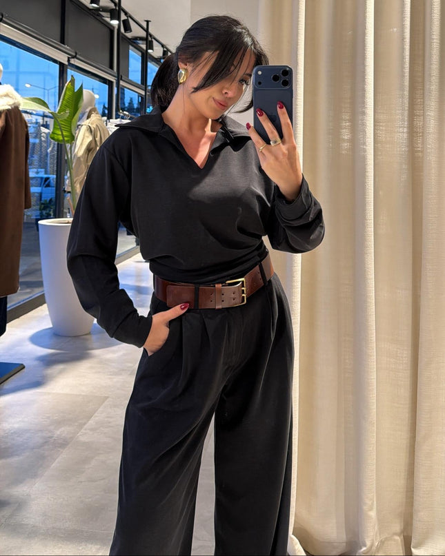 Polo Collar Palazzo Pants Set - Black