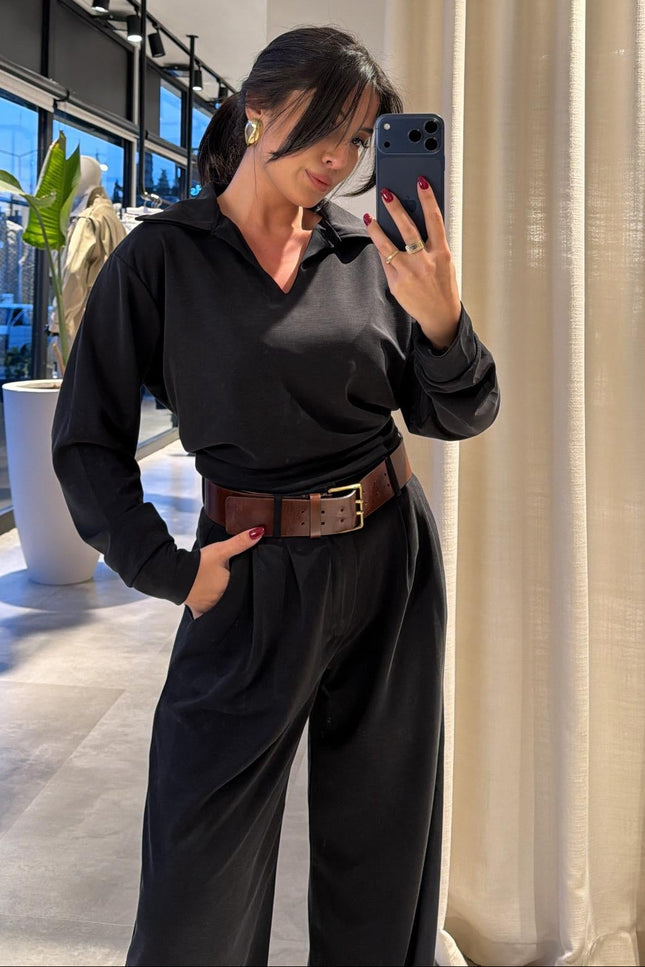 Polo Collar Palazzo Pants Set