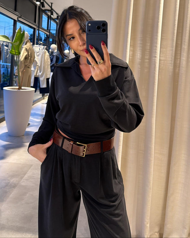 Polo Collar Palazzo Pants Set