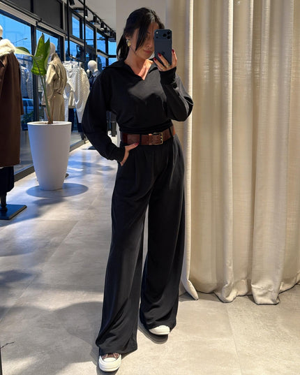 Polo Collar Palazzo Pants Set - Black