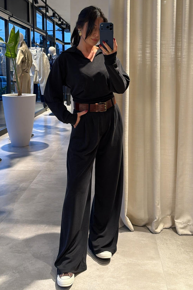 Polo Collar Palazzo Pants Set