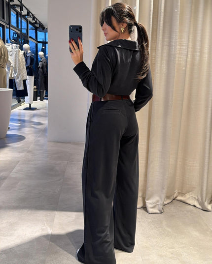 Polo Collar Palazzo Pants Set - Black