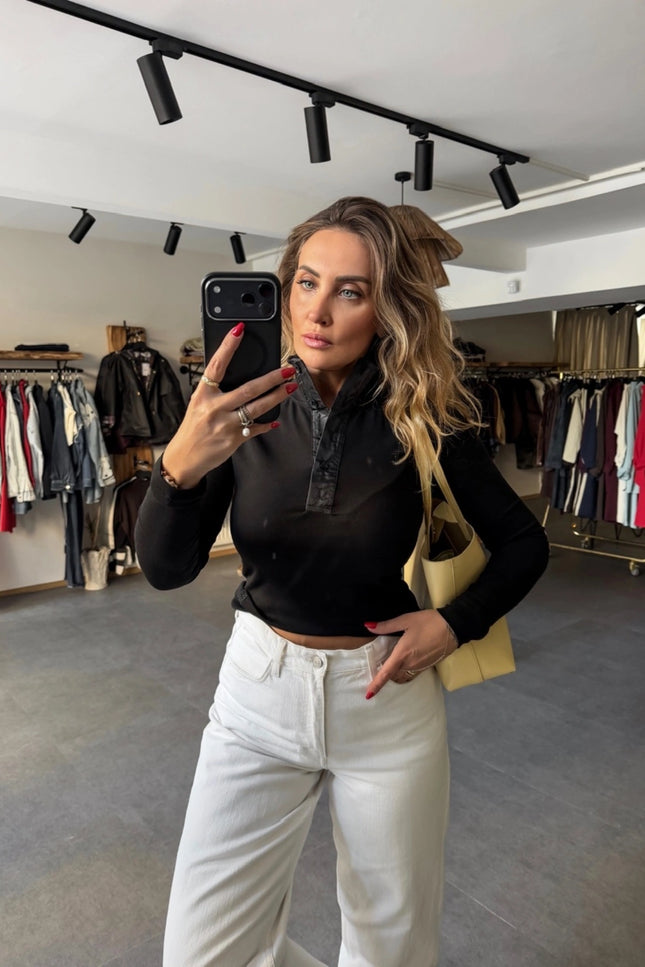 Black Button-Collar Long Sleeve T-Shirt