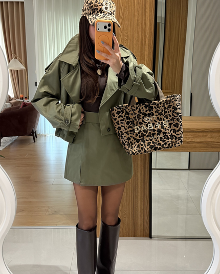 Luciana Stone Khaki Belted Short Skirt (QUZU BRAND)