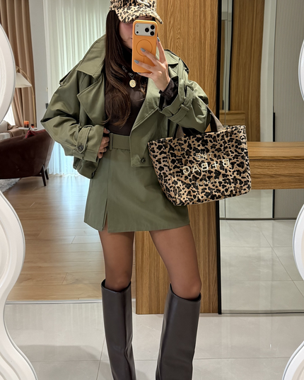 Luciana Stone Khaki Belted Short Skirt (QUZU BRAND)