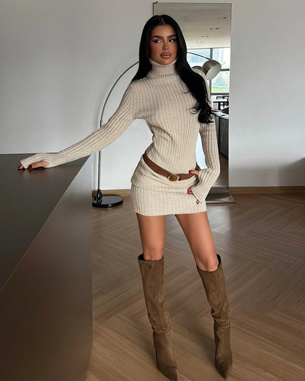 Elegant Stone Zurich Knit Mini Dress with Turtleneck Long Sleeves