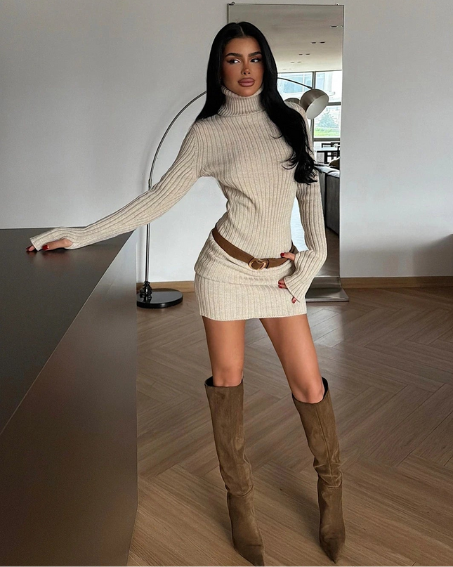 Elegant Stone Zurich Knit Mini Dress with Turtleneck Long Sleeves