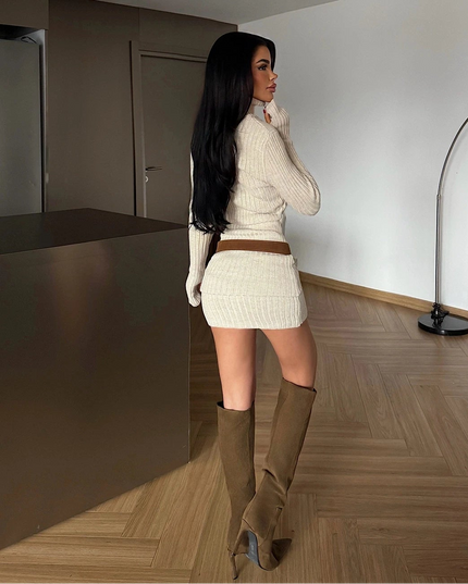 Elegant Stone Zurich Knit Mini Dress with Turtleneck Long Sleeves