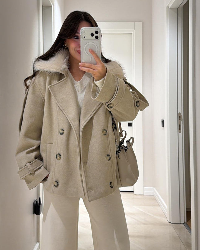 Stone Collar Fur Detailed Cashmere Jacket