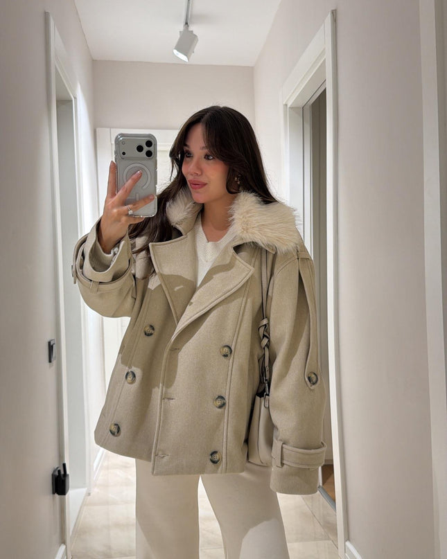 Elegant Faux Fur Collar Buttoned Wool Blend Winter Coat Jacket for Women