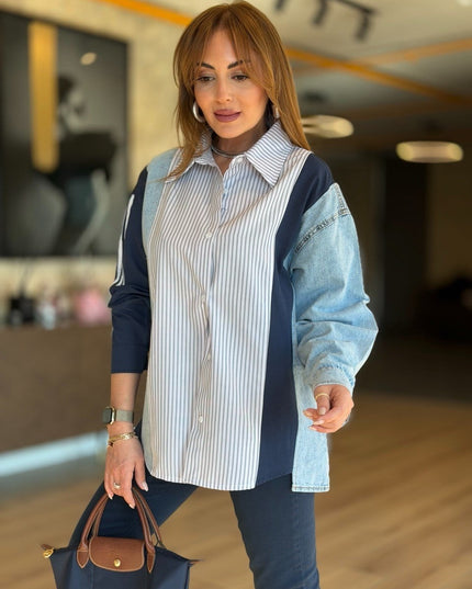 Design Jean-Trim Striped Shirt - Navy