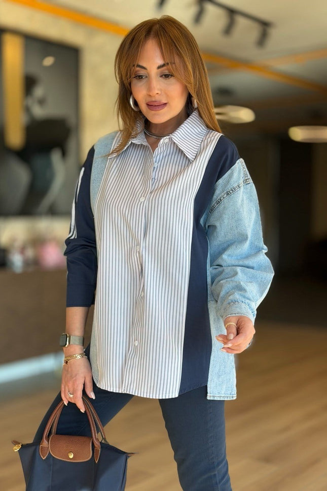 Design Jean-Trim Striped Shirt - Navy