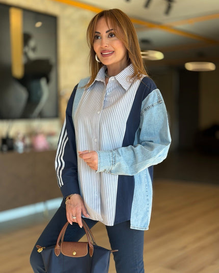 Design Jean-Trim Striped Shirt - Navy
