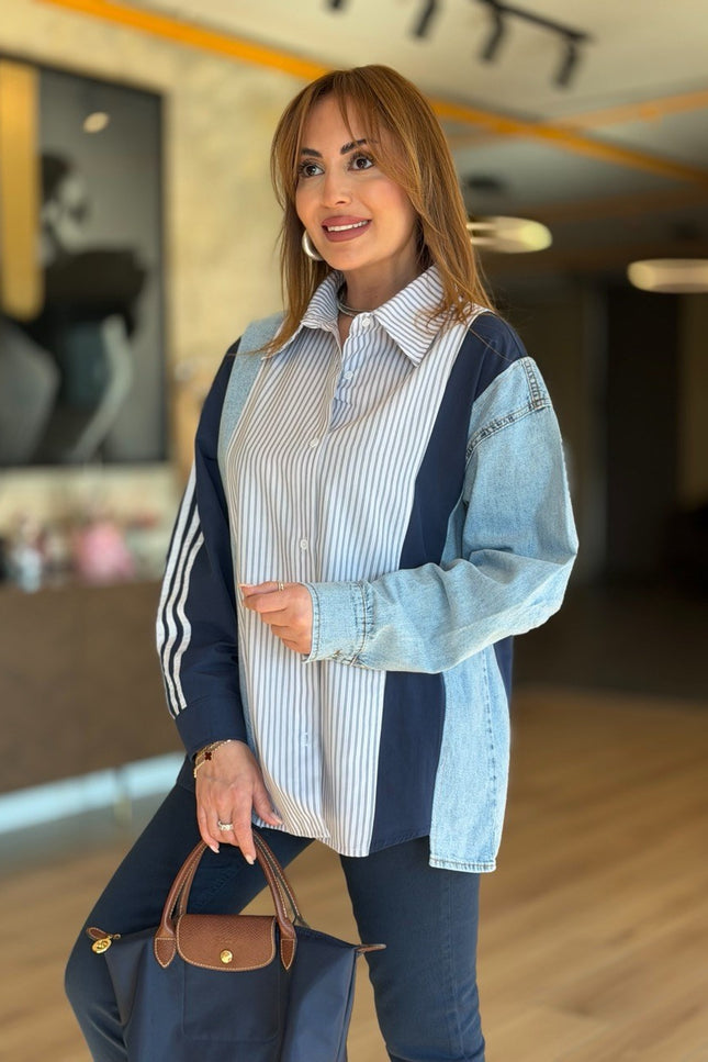 Design Jean-Trim Striped Shirt - Navy