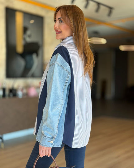Design Jean-Trim Striped Shirt - Navy