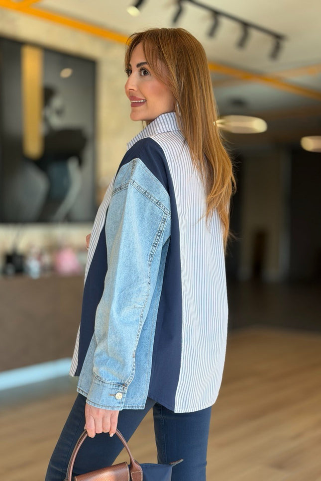 Design Jean-Trim Striped Shirt - Navy
