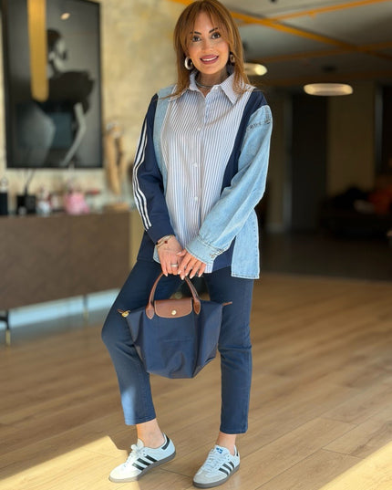 Design Jean-Trim Striped Shirt - Navy
