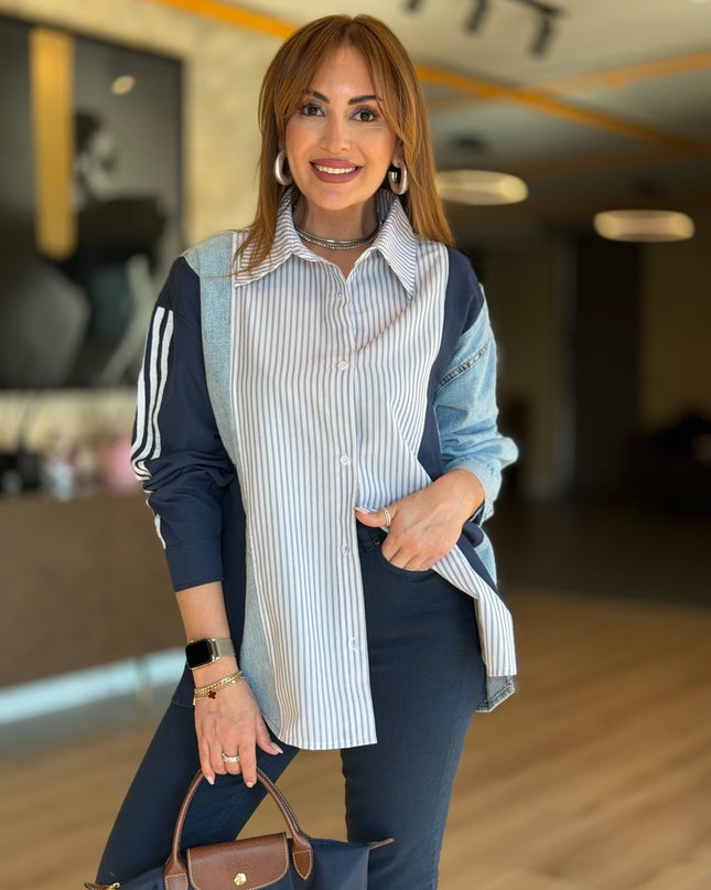 Design Jean-Trim Striped Shirt - Navy