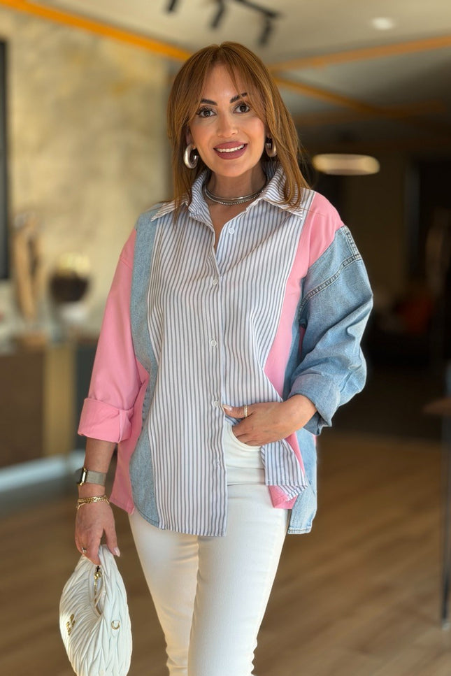 Design Jean-Trim Striped Shirt - Pink